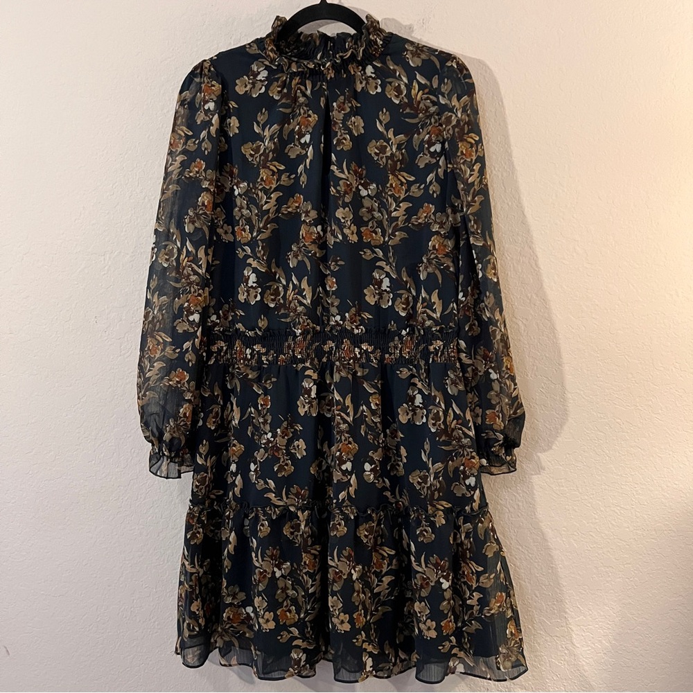 Drew Black Floral Ruffle Midi Dress – Size Medium – Excellent Condition